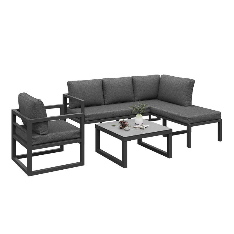 Salon de jardin d'angle gris 4 pièces fauteuil et table basse, coussins inclus AURORALRE