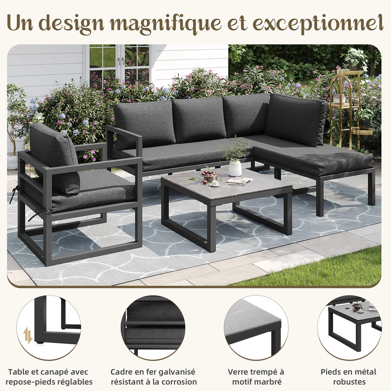 Salon de jardin d'angle gris 4 pièces fauteuil et table basse, coussins inclus AURORALRE