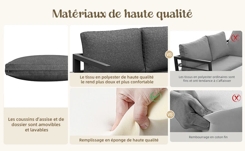 Salon de jardin d'angle gris 4 pièces fauteuil et table basse, coussins inclus AURORALRE