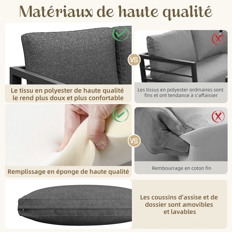 Salon de jardin d'angle gris 4 pièces fauteuil et table basse, coussins inclus AURORALRE