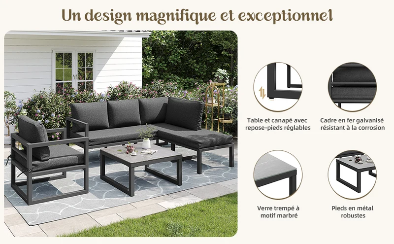 Salon de jardin d'angle gris 4 pièces fauteuil et table basse, coussins inclus AURORALRE