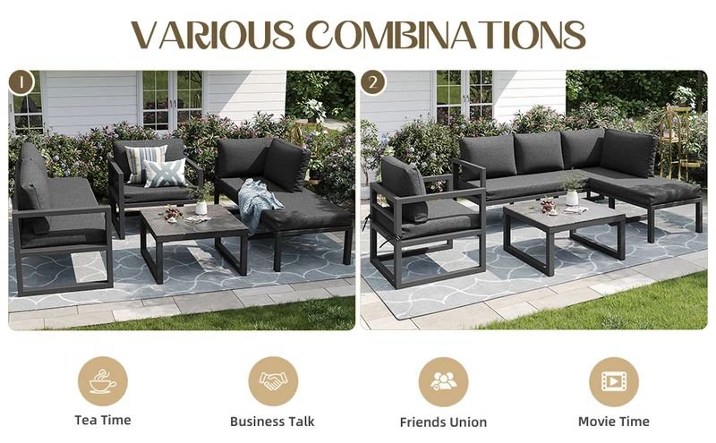 Salon de jardin d'angle gris 4 pièces fauteuil et table basse, coussins inclus AURORALRE