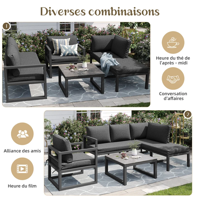 Salon de jardin d'angle gris 4 pièces fauteuil et table basse, coussins inclus AURORALRE
