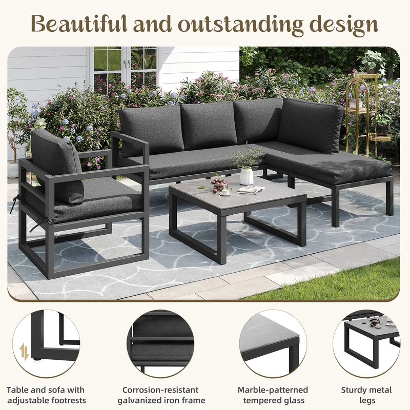 Salon de jardin d'angle gris 4 pièces fauteuil et table basse, coussins inclus AURORALRE