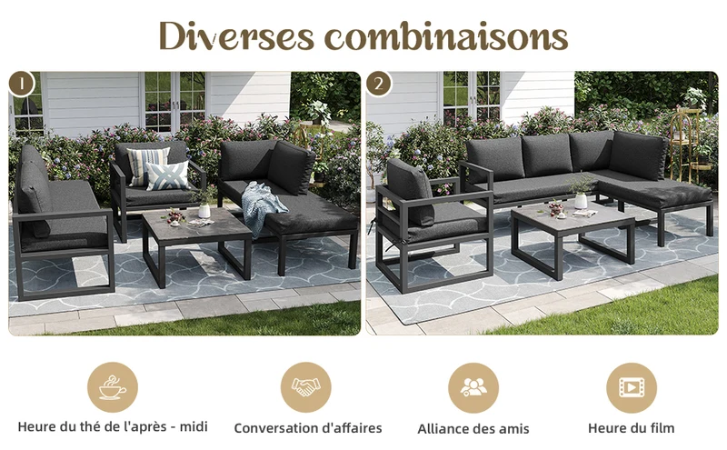 Salon de jardin d'angle gris 4 pièces fauteuil et table basse, coussins inclus AURORALRE