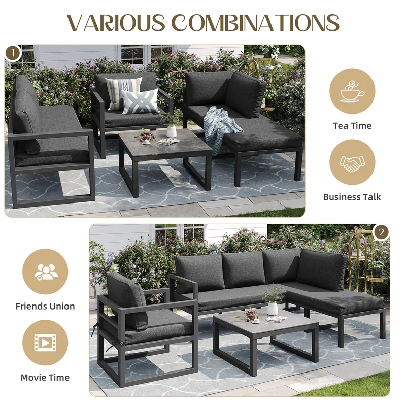 Salon de jardin d'angle gris 4 pièces fauteuil et table basse, coussins inclus AURORALRE