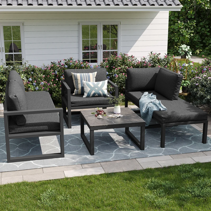 Salon de jardin d'angle gris 4 pièces fauteuil et table basse, coussins inclus AURORALRE