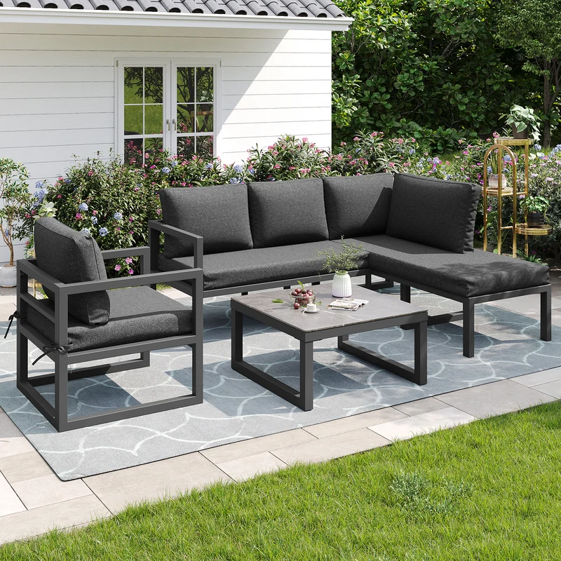 Salon de jardin d'angle gris 4 pièces fauteuil et table basse, coussins inclus AURORALRE