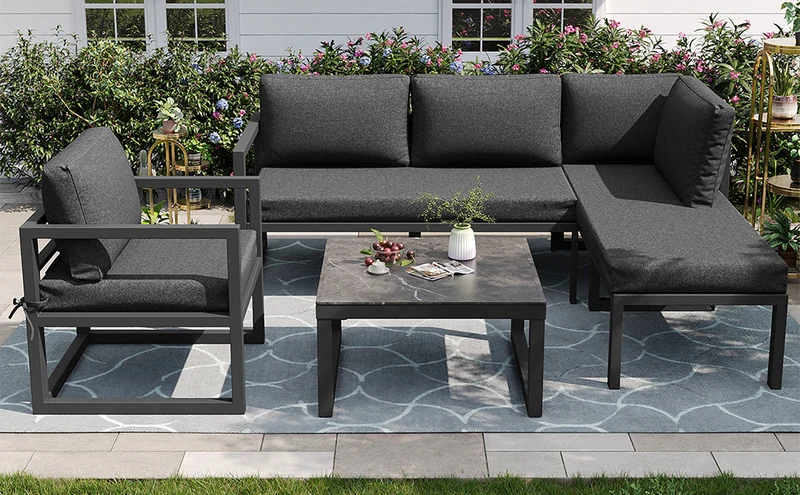 Salon de jardin d'angle gris 4 pièces fauteuil et table basse, coussins inclus AURORALRE