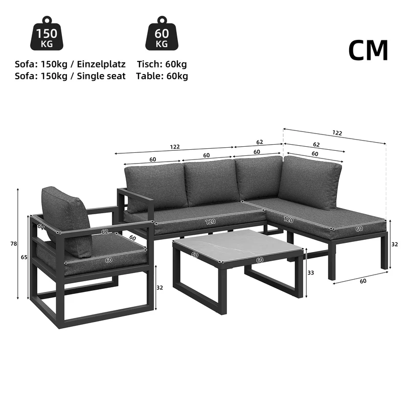Salon de jardin d'angle gris 4 pièces fauteuil et table basse, coussins inclus AURORALRE