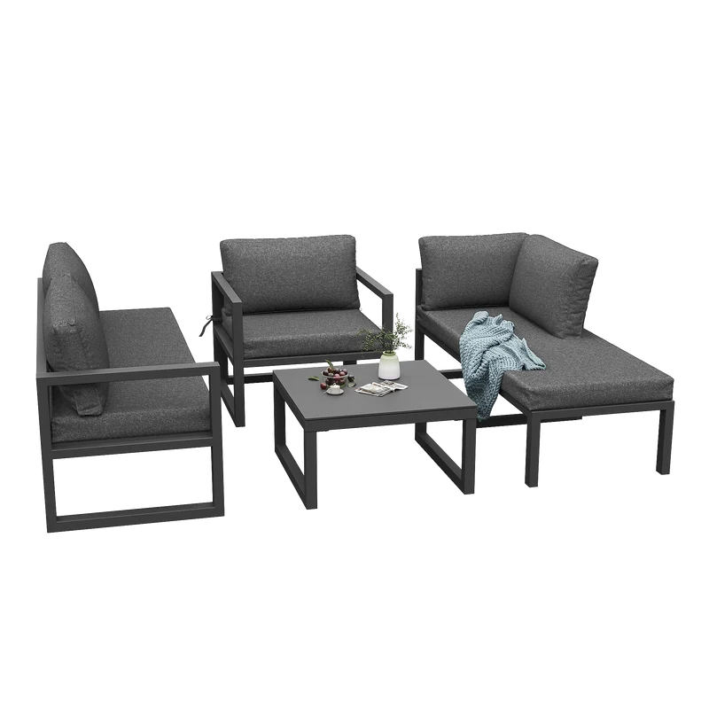 Salon de jardin d'angle gris 4 pièces fauteuil et table basse, coussins inclus AURORALRE