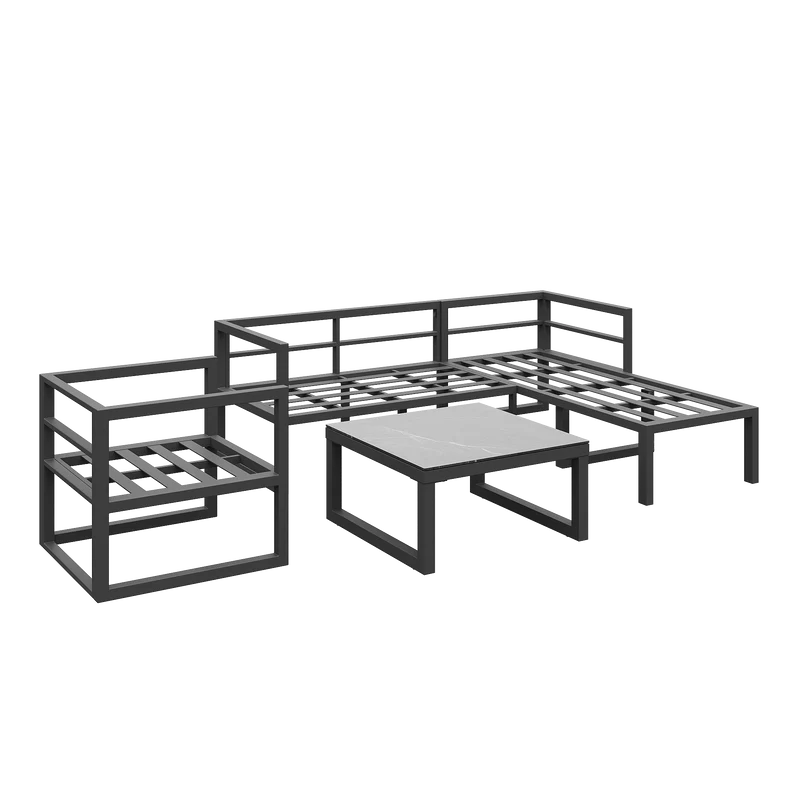 Salon de jardin d'angle gris 4 pièces fauteuil et table basse, coussins inclus AURORALRE