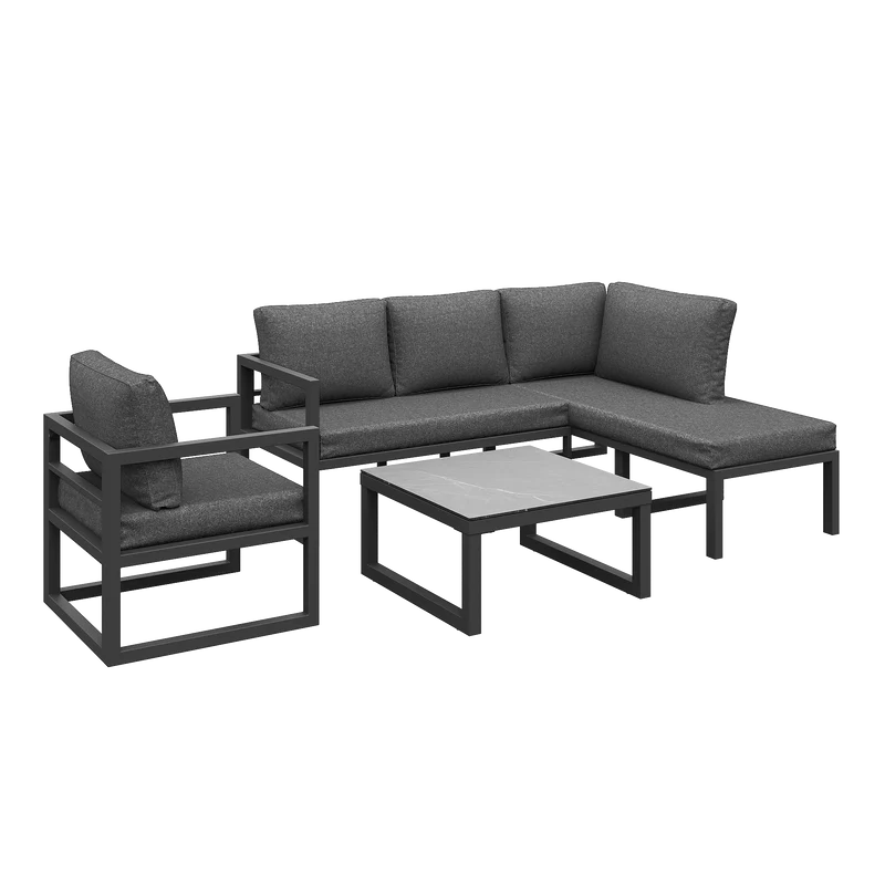Salon de jardin d'angle gris 4 pièces fauteuil et table basse, coussins inclus AURORALRE
