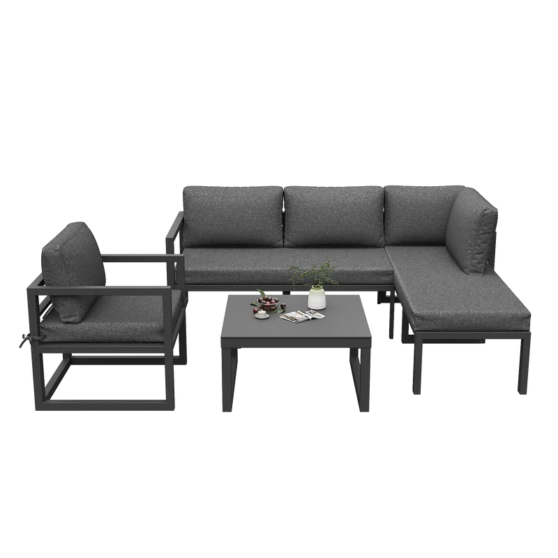 Salon de jardin d'angle gris 4 pièces fauteuil et table basse, coussins inclus AURORALRE