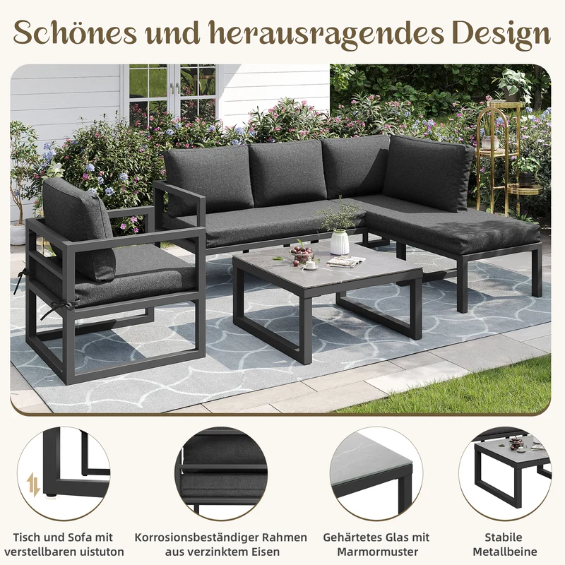 Salon de jardin d'angle gris 4 pièces fauteuil et table basse, coussins inclus AURORALRE