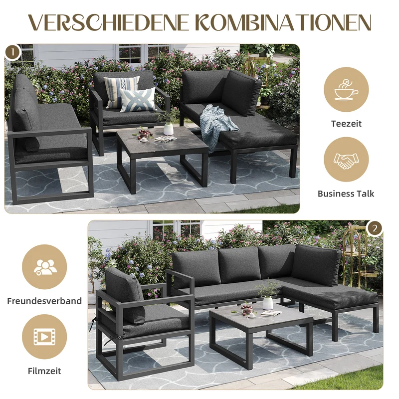 Salon de jardin d'angle gris 4 pièces fauteuil et table basse, coussins inclus AURORALRE