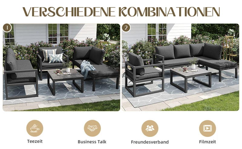 Salon de jardin d'angle gris 4 pièces fauteuil et table basse, coussins inclus AURORALRE