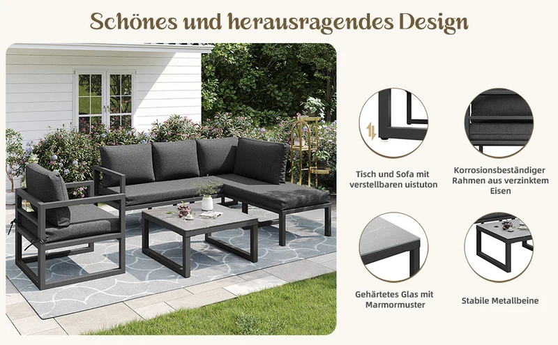 Salon de jardin d'angle gris 4 pièces fauteuil et table basse, coussins inclus AURORALRE
