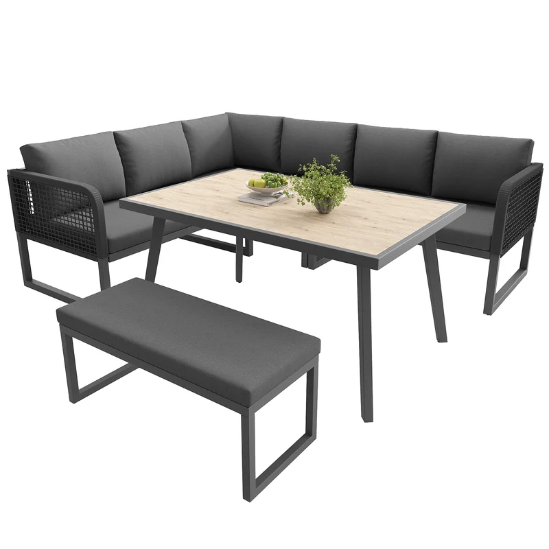 Salon de jardin modulable 6-8 personnes en rotin PE gris et table et banc, coussins épais VIVIDLUM