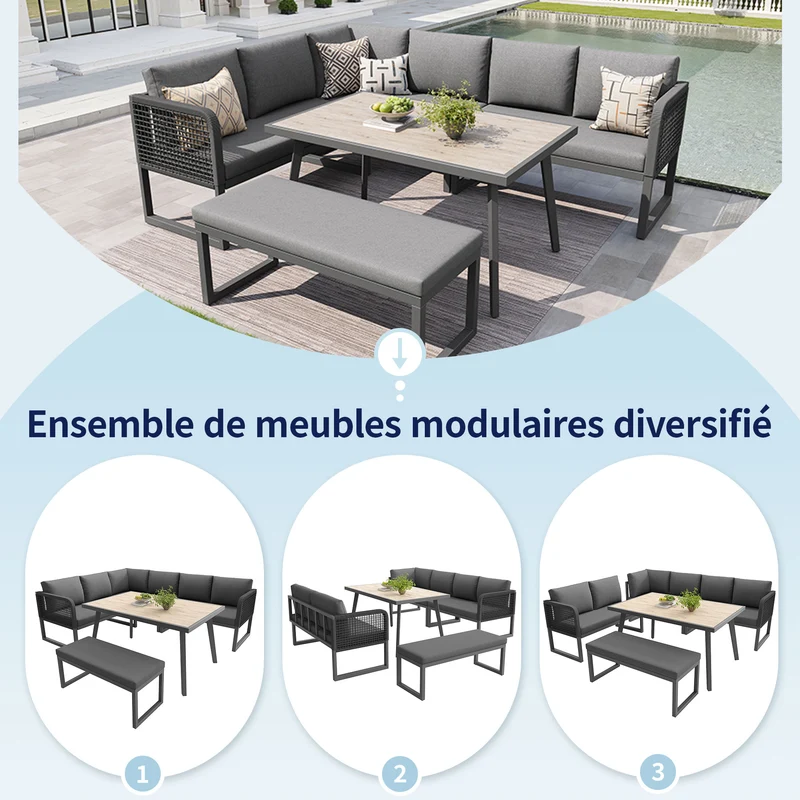 Salon de jardin modulable 6-8 personnes en rotin PE gris et table et banc, coussins épais VIVIDLUM