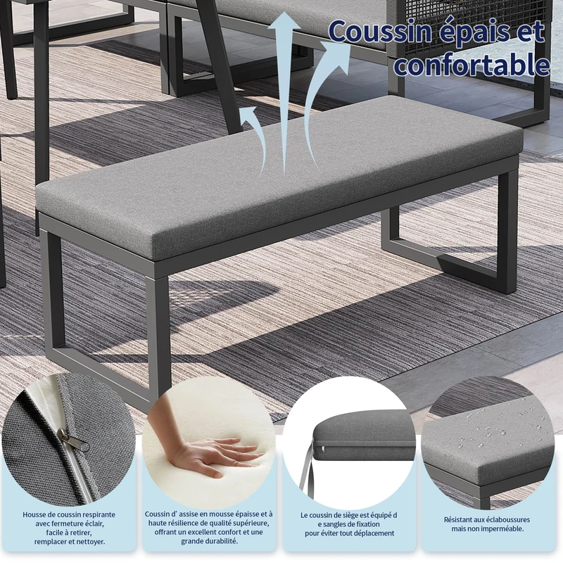 Salon de jardin modulable 6-8 personnes en rotin PE gris et table et banc, coussins épais VIVIDLUM