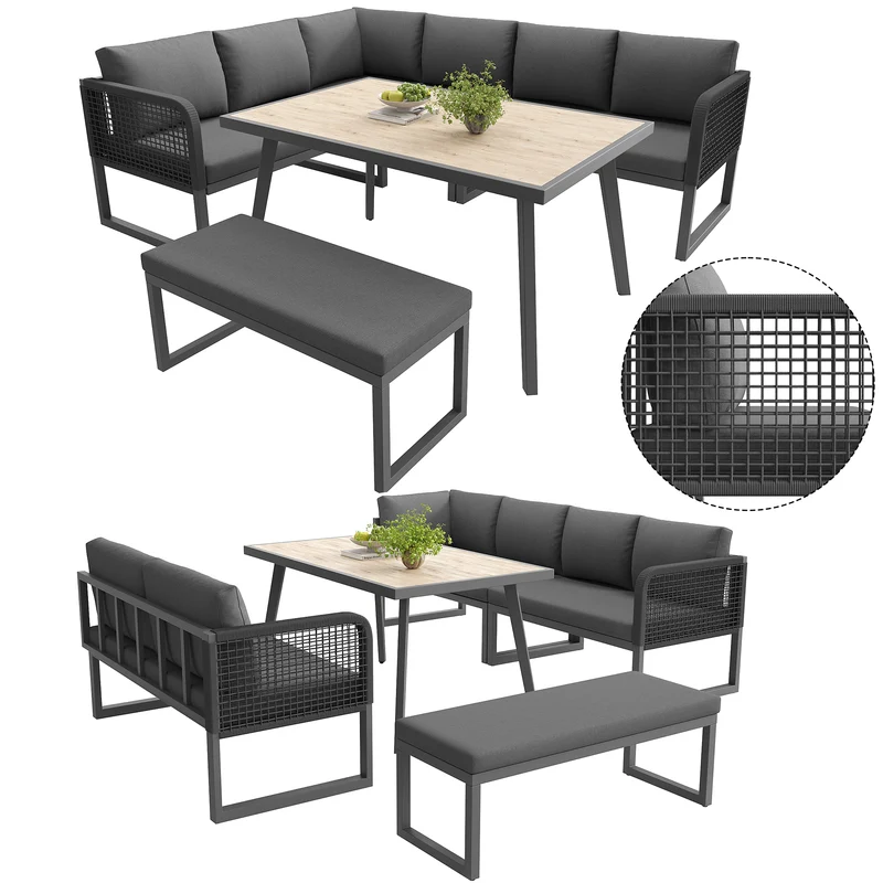 Salon de jardin modulable 6-8 personnes en rotin PE gris et table et banc, coussins épais VIVIDLUM