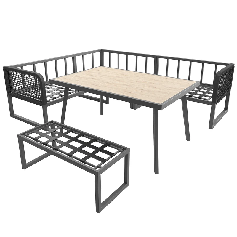 Salon de jardin modulable 6-8 personnes en rotin PE gris et table et banc, coussins épais VIVIDLUM