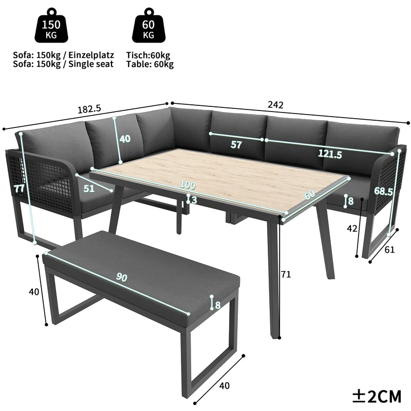 Salon de jardin modulable 6-8 personnes en rotin PE gris et table et banc, coussins épais VIVIDLUM