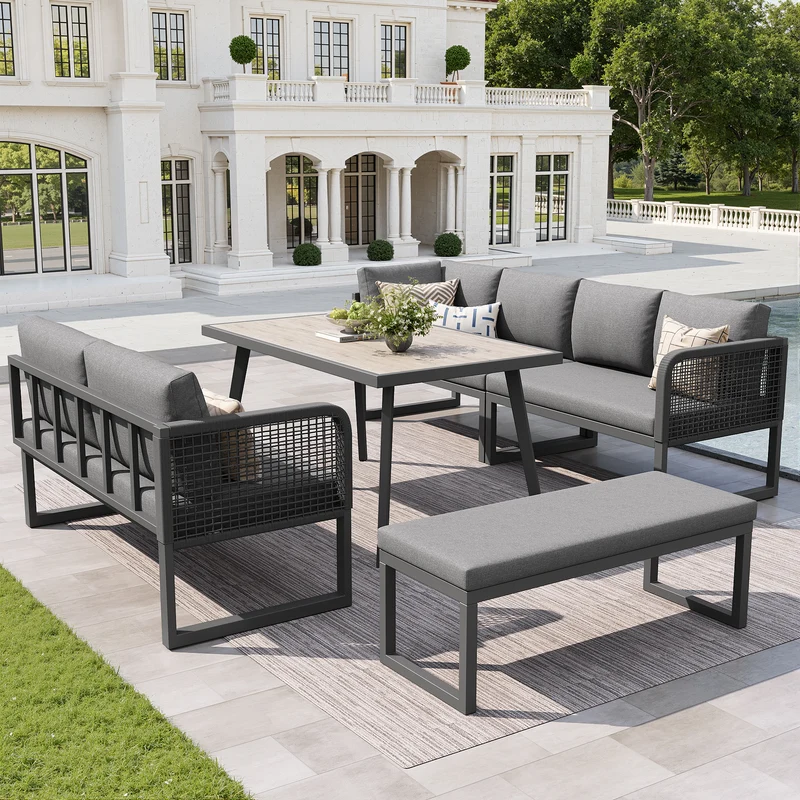 Salon de jardin modulable 6-8 personnes en rotin PE gris et table et banc, coussins épais VIVIDLUM