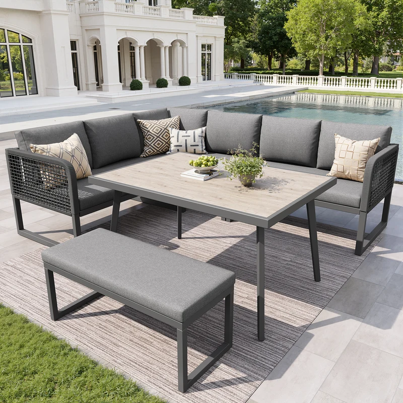 Salon de jardin modulable 6-8 personnes en rotin PE gris et table et banc, coussins épais VIVIDLUM