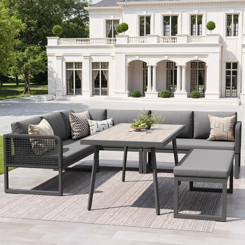Salon de jardin modulable 6-8 personnes en rotin PE gris et table et banc, coussins épais VIVIDLUM