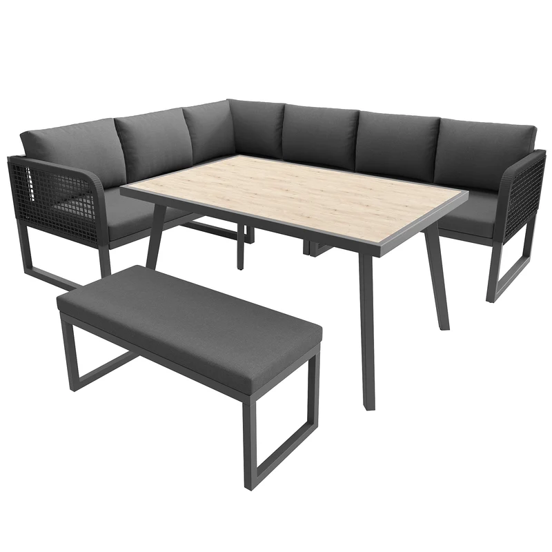 Salon de jardin modulable 6-8 personnes en rotin PE gris et table et banc, coussins épais VIVIDLUM