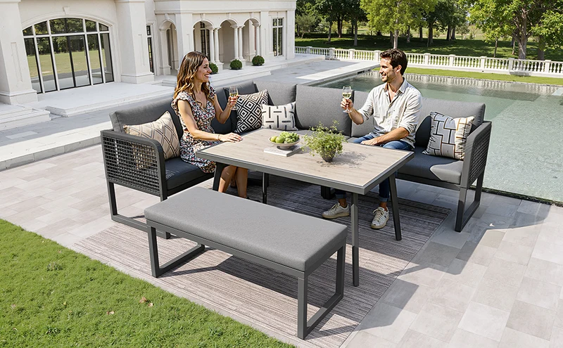 Salon de jardin modulable 6-8 personnes en rotin PE gris et table et banc, coussins épais VIVIDLUM