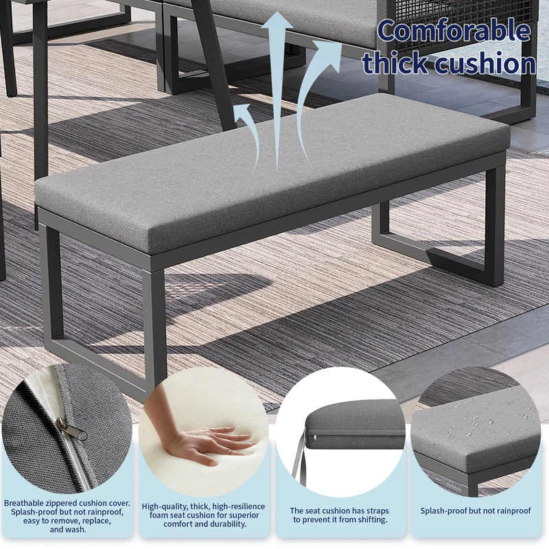 Salon de jardin modulable 6-8 personnes en rotin PE gris et table et banc, coussins épais VIVIDLUM