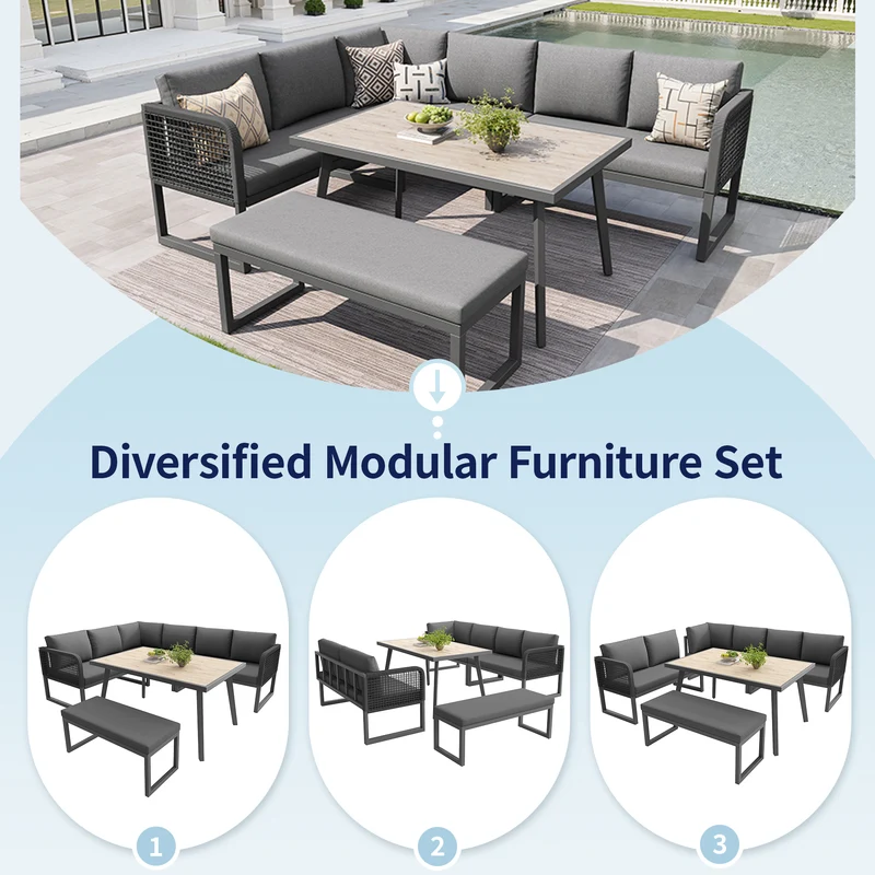 Salon de jardin modulable 6-8 personnes en rotin PE gris et table et banc, coussins épais VIVIDLUM