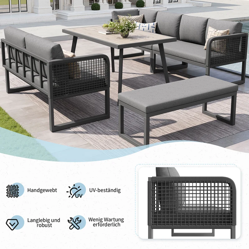 Salon de jardin modulable 6-8 personnes en rotin PE gris et table et banc, coussins épais VIVIDLUM