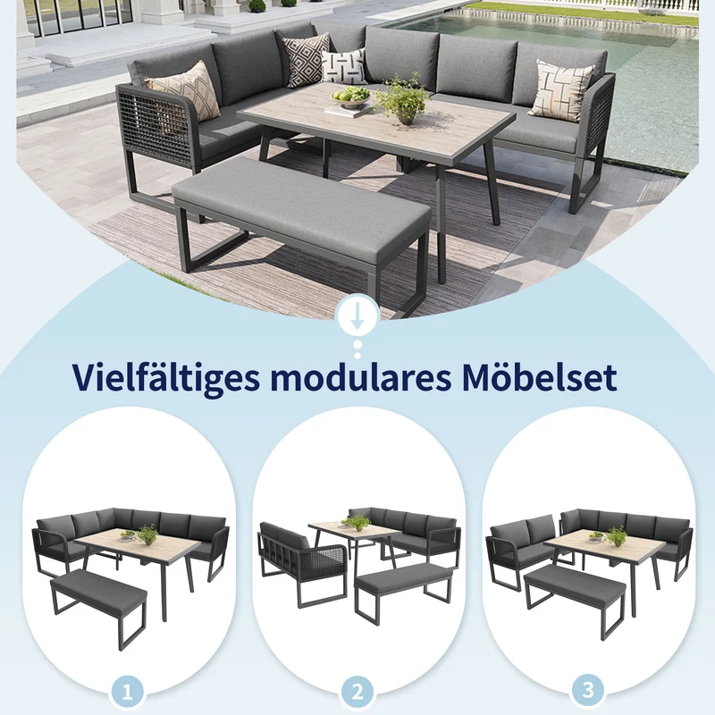 Salon de jardin modulable 6-8 personnes en rotin PE gris et table et banc, coussins épais VIVIDLUM