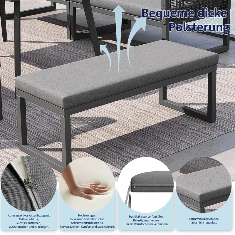 Salon de jardin modulable 6-8 personnes en rotin PE gris et table et banc, coussins épais VIVIDLUM