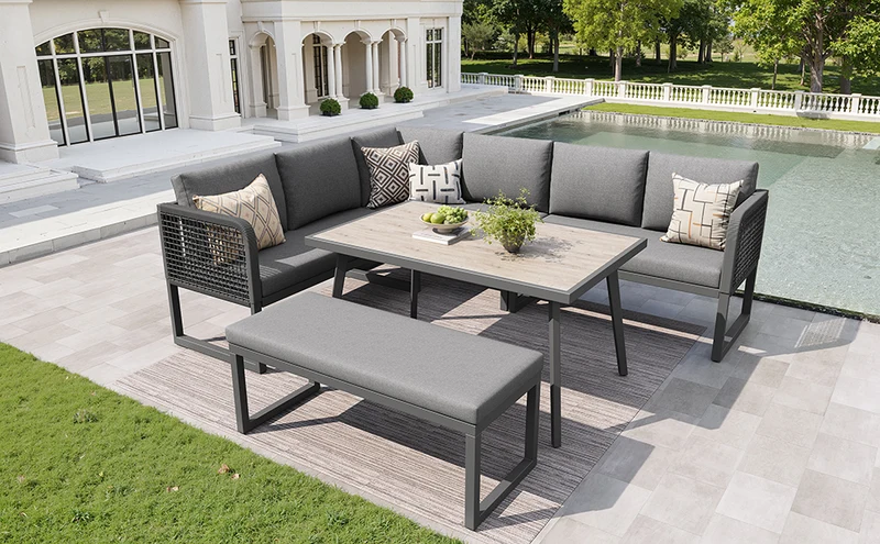 Salon de jardin modulable 6-8 personnes en rotin PE gris et table et banc, coussins épais VIVIDLUM