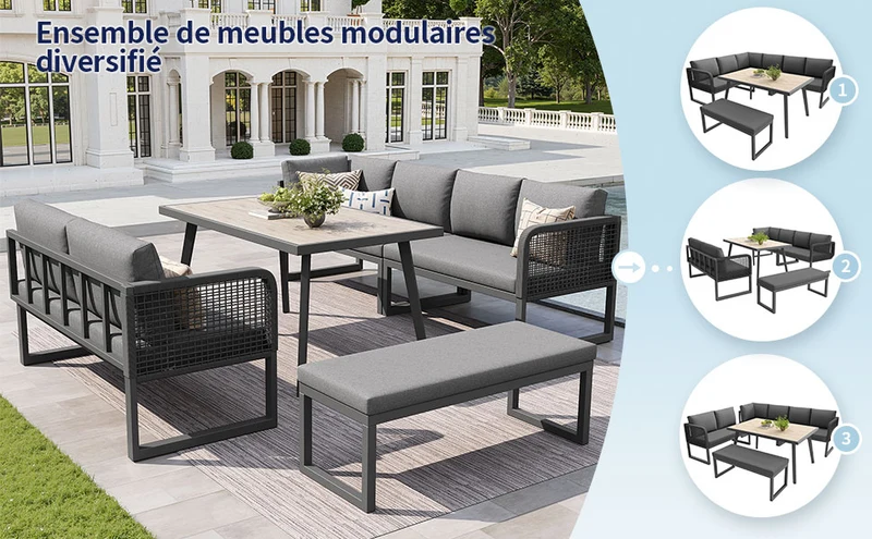 Salon de jardin modulable 6-8 personnes en rotin PE gris et table et banc, coussins épais VIVIDLUM