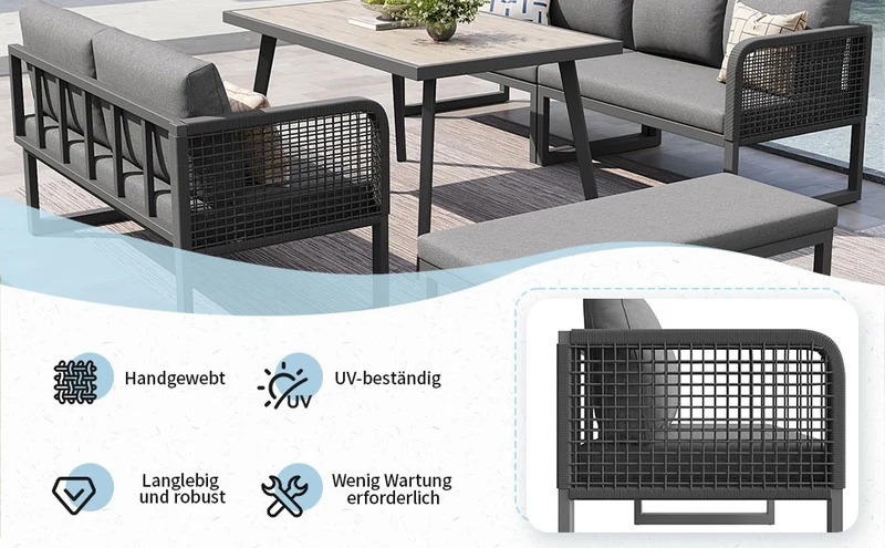 Salon de jardin modulable 6-8 personnes en rotin PE gris et table et banc, coussins épais VIVIDLUM