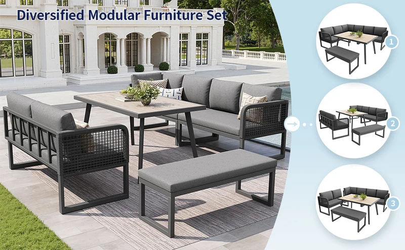 Salon de jardin modulable 6-8 personnes en rotin PE gris et table et banc, coussins épais VIVIDLUM