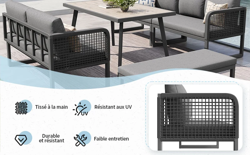 Salon de jardin modulable 6-8 personnes en rotin PE gris et table et banc, coussins épais VIVIDLUM