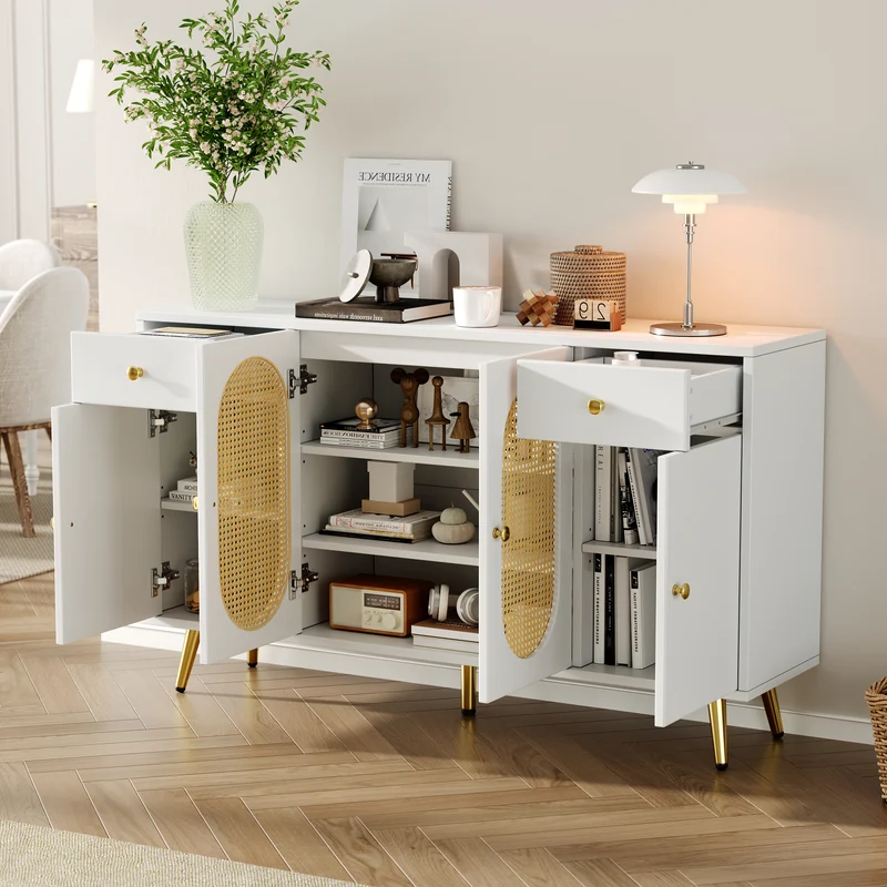 Buffet blanc rotin 2 tiroirs 4 portes 140x35x82cm HALOORA