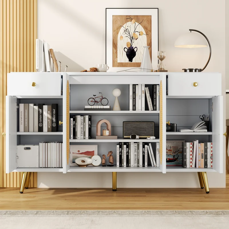 Buffet blanc rotin 2 tiroirs 4 portes 140x35x82cm HALOORA