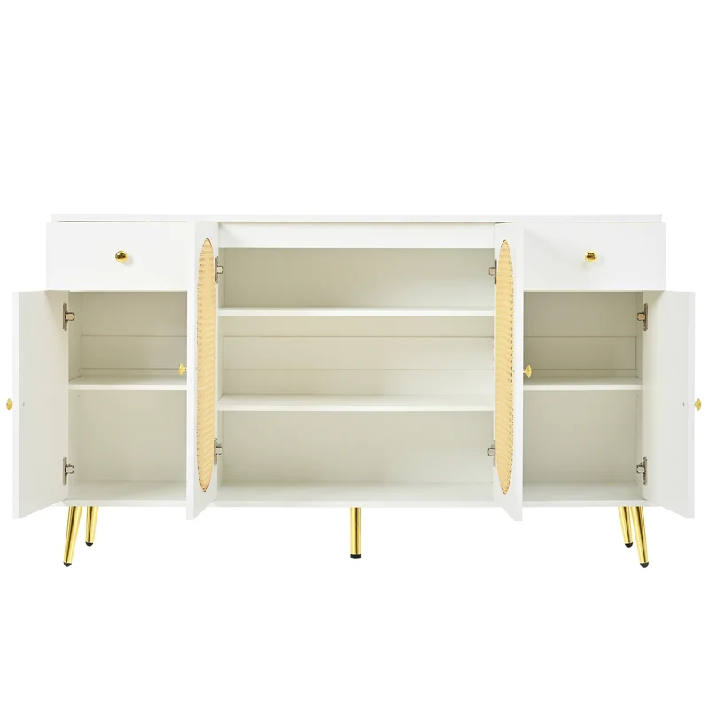 Buffet blanc rotin 2 tiroirs 4 portes 140x35x82cm HALOORA