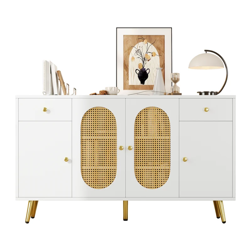 Buffet blanc rotin 2 tiroirs 4 portes 140x35x82cm HALOORA
