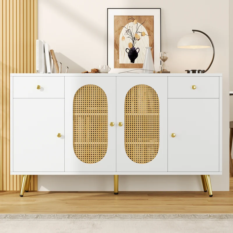 Buffet blanc rotin 2 tiroirs 4 portes 140x35x82cm HALOORA