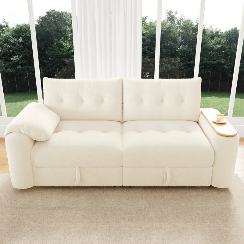 Canapé modulable 2-3 places en bouclé beige avec coffre de rangement et tablette pivotante MYSTICLAM