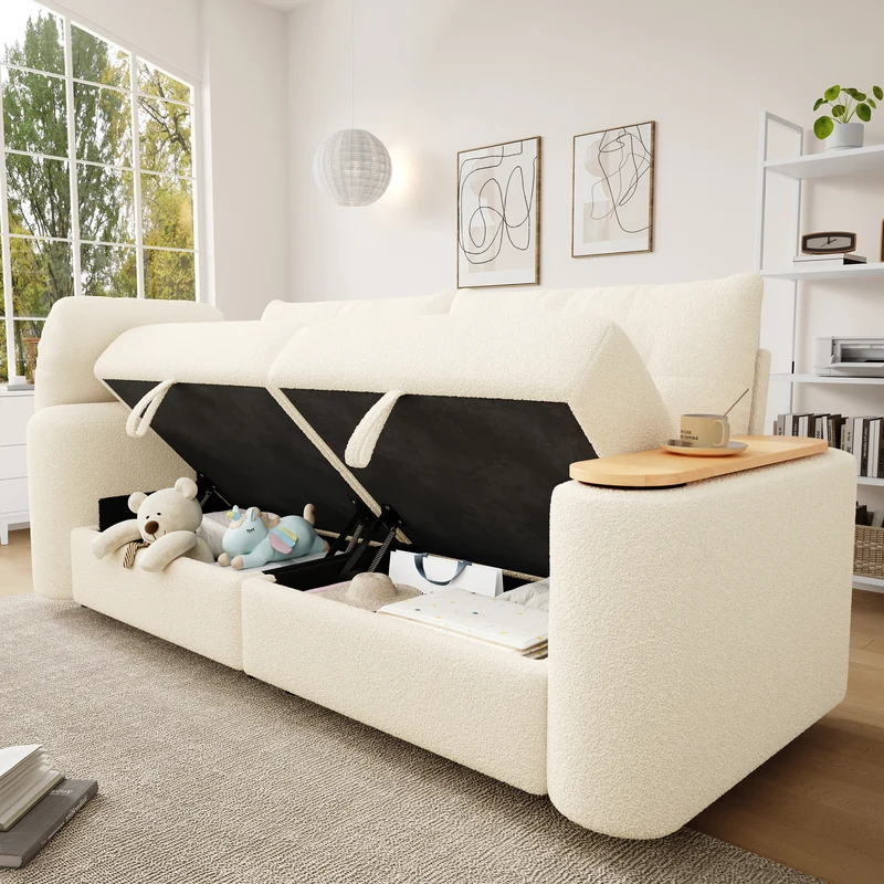 Canapé modulable 2-3 places en bouclé beige avec coffre de rangement et tablette pivotante MYSTICLAM
